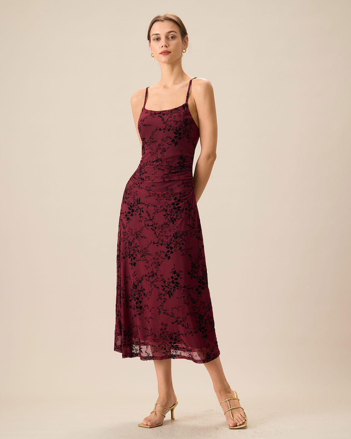 Rotes Blumenmuster Bodycon Slip Midikleid
