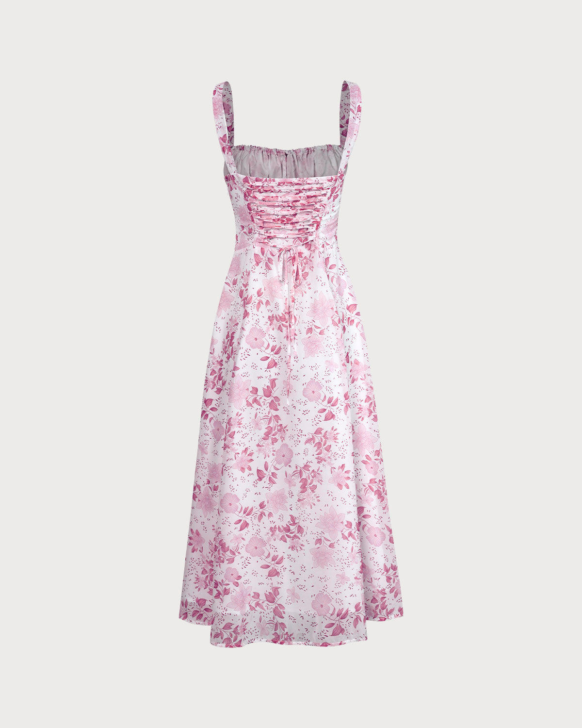 Das rosa Midikleid mit quadratischem Ausschnitt, Blumenmuster und Rüschen