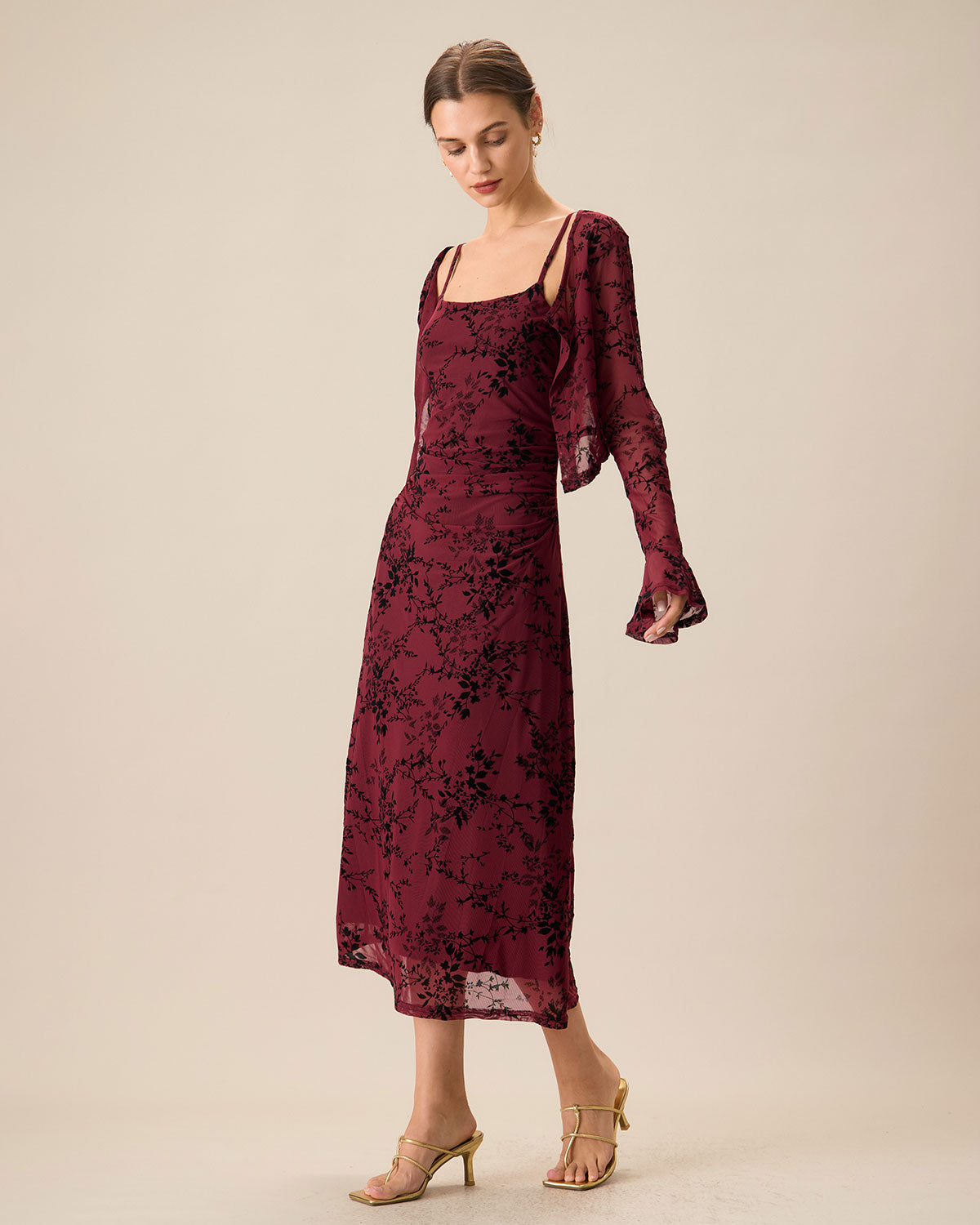 Rotes Blumenmuster Bodycon Slip Midikleid