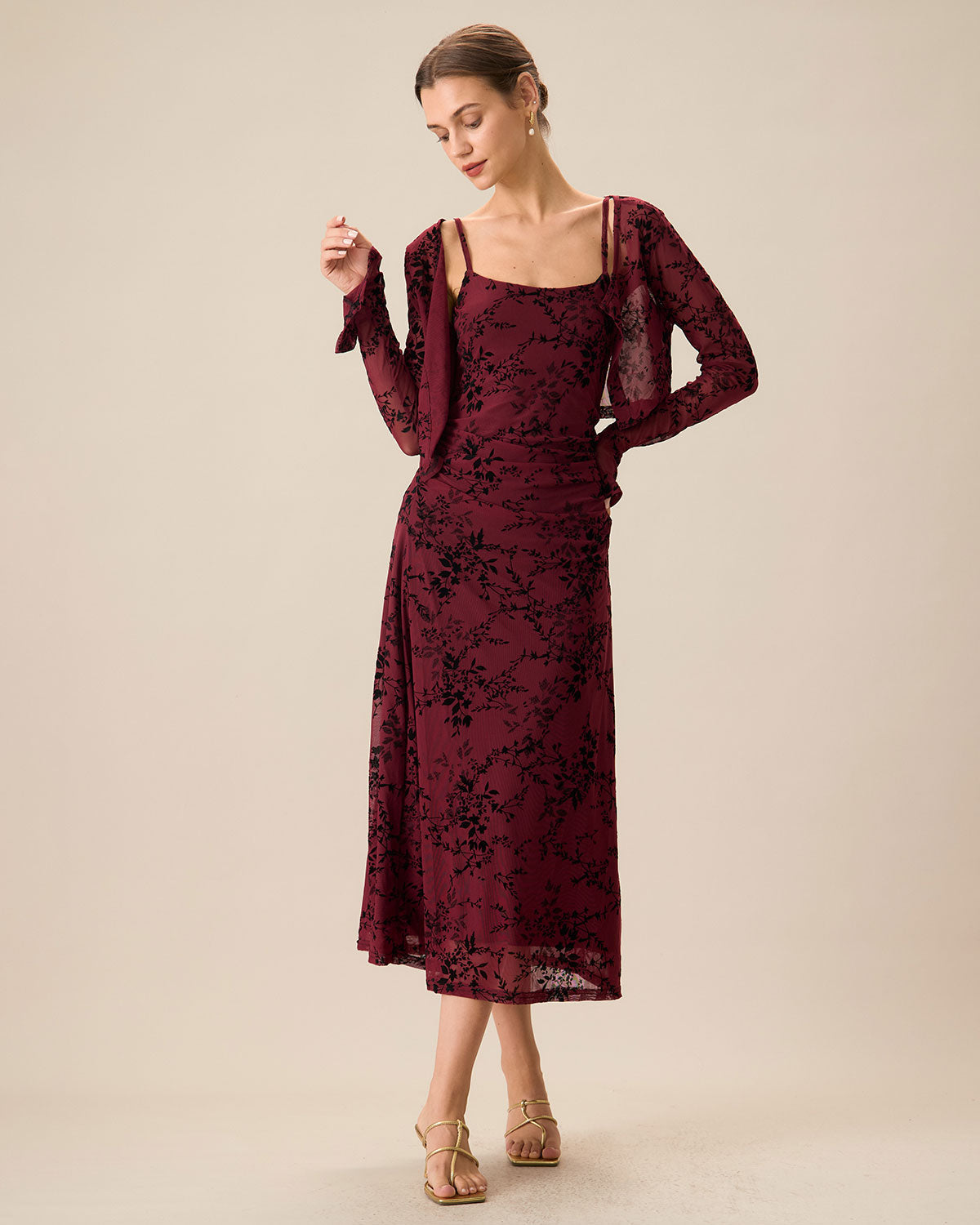 Rotes Blumenmuster Bodycon Slip Midikleid