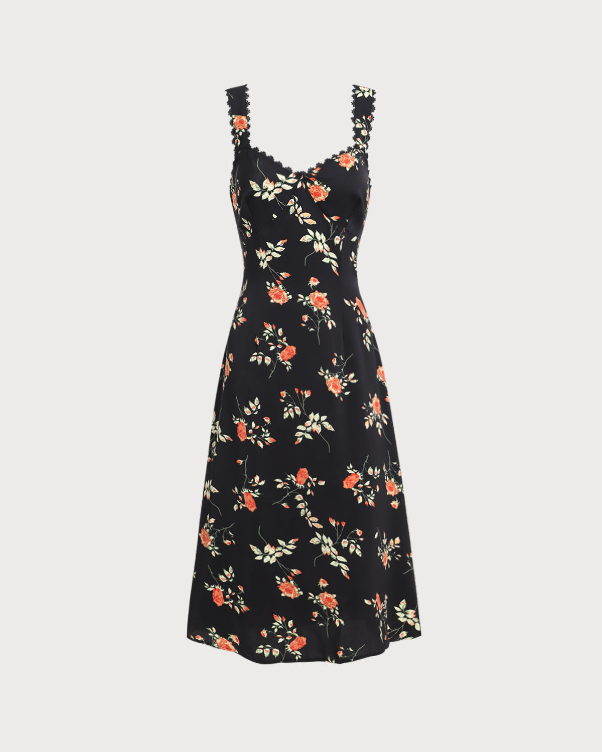 Schwarzes Blumenkleid mit Rüschen und Spaghettiträgern im Maxi-Format