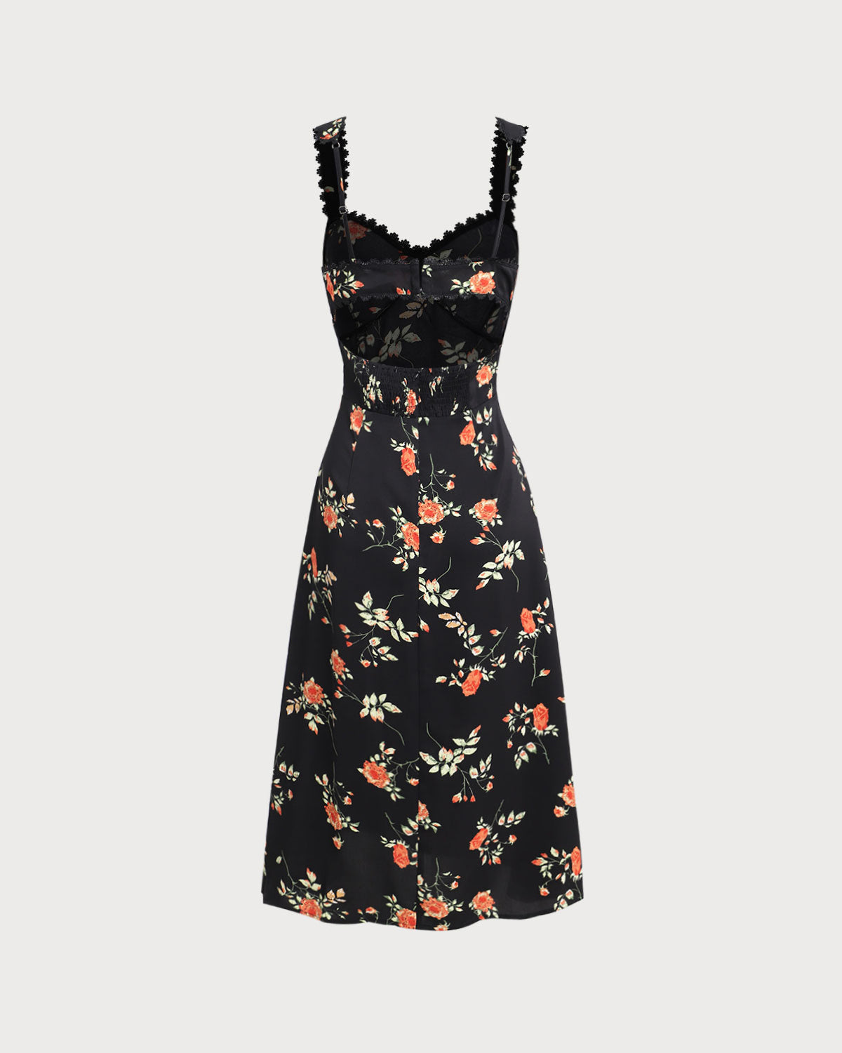 Schwarzes Blumenkleid mit Rüschen und Spaghettiträgern im Maxi-Format