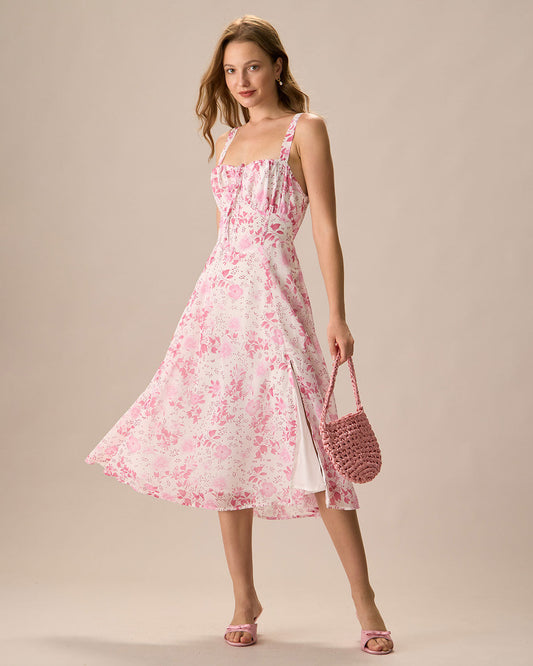 Das rosa Midikleid mit quadratischem Ausschnitt, Blumenmuster und Rüschen