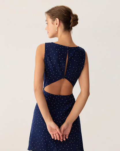 Blaues Polka-Dot ärmelloses Cut-Out Mini-Kleid