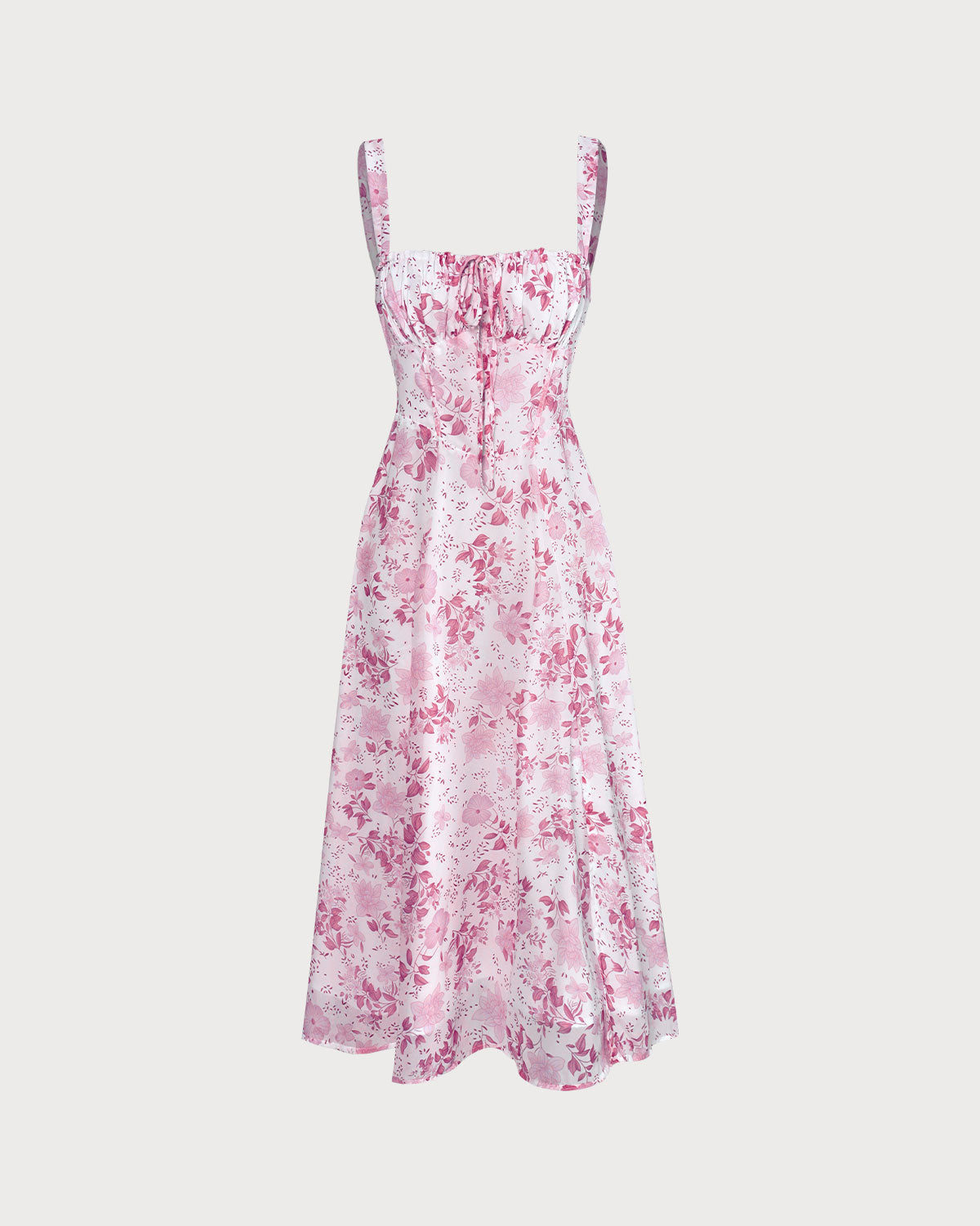 Das rosa Midikleid mit quadratischem Ausschnitt, Blumenmuster und Rüschen