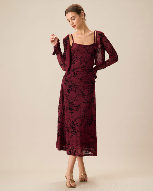 Rotes Blumenmuster Bodycon Slip Midikleid
