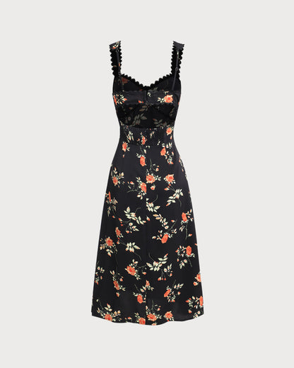 Schwarzes Blumenkleid mit Rüschen und Spaghettiträgern im Maxi-Format